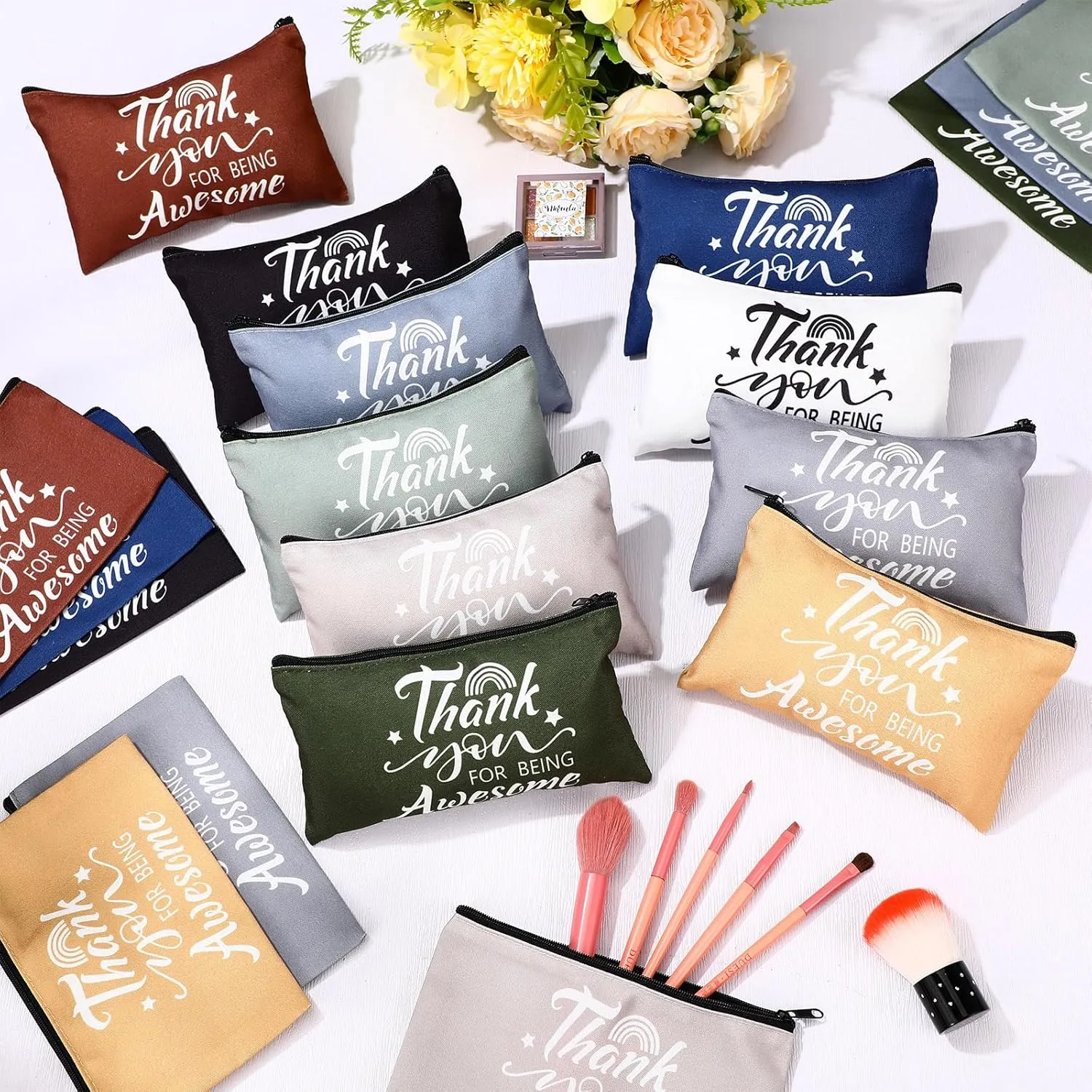 Reginary 20 Pcs Canvas Cosmetic Bag Inspirational Quotes Makeup Bags with Zipper Encouragement Travel Toiletry Pouch Appreciation Gift for Women,7 x 4.3 Inch(Morandi Color,Being Awesome)