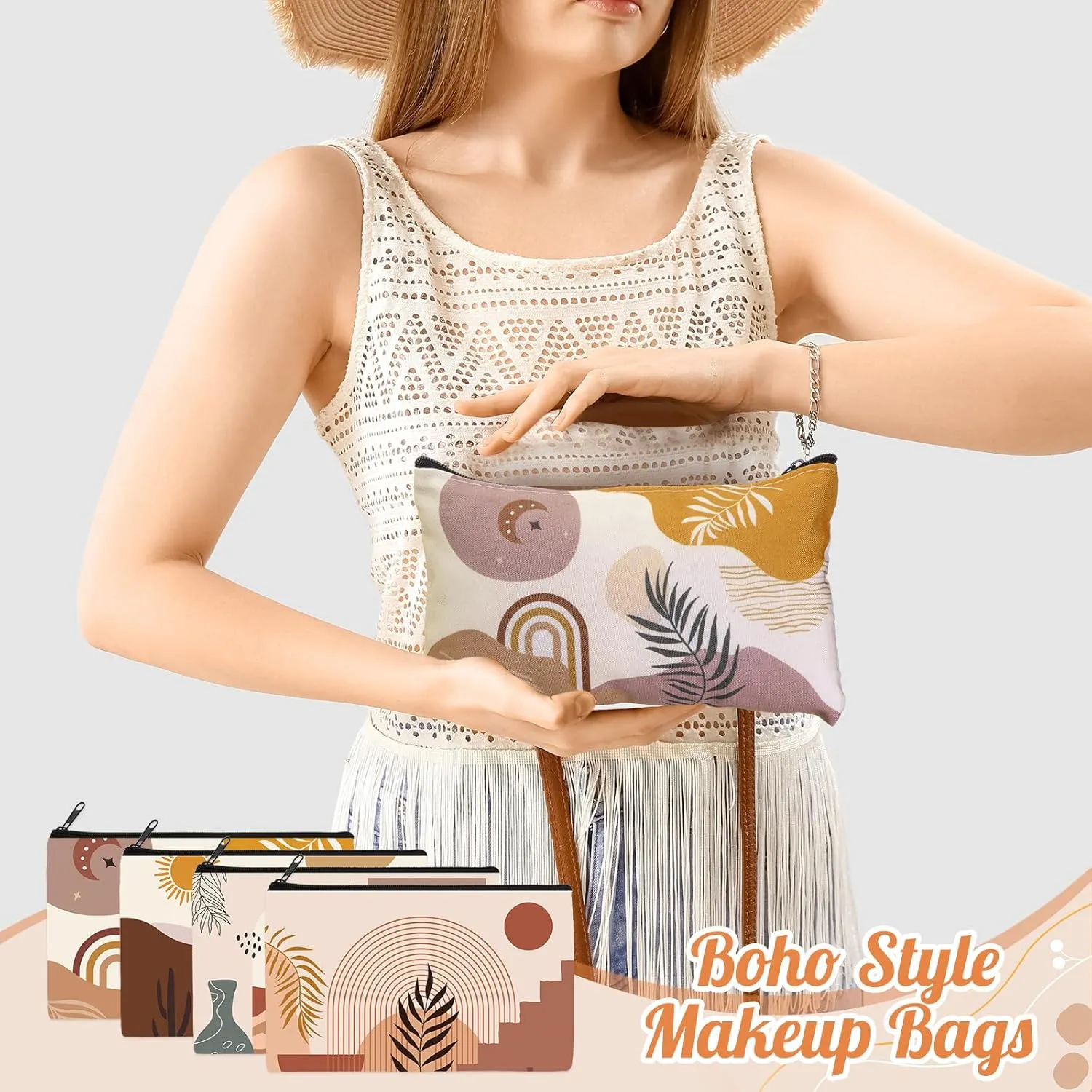 Reginary 20 Pieces Boho Cosmetic Bag for Women, Sunshine Ray Makeup Bags with Zipper Nature Toiletry Bag Pouch Palm Leaf Travel Packing Accessory Organizer Pouch, 7 x 4.3 Inches