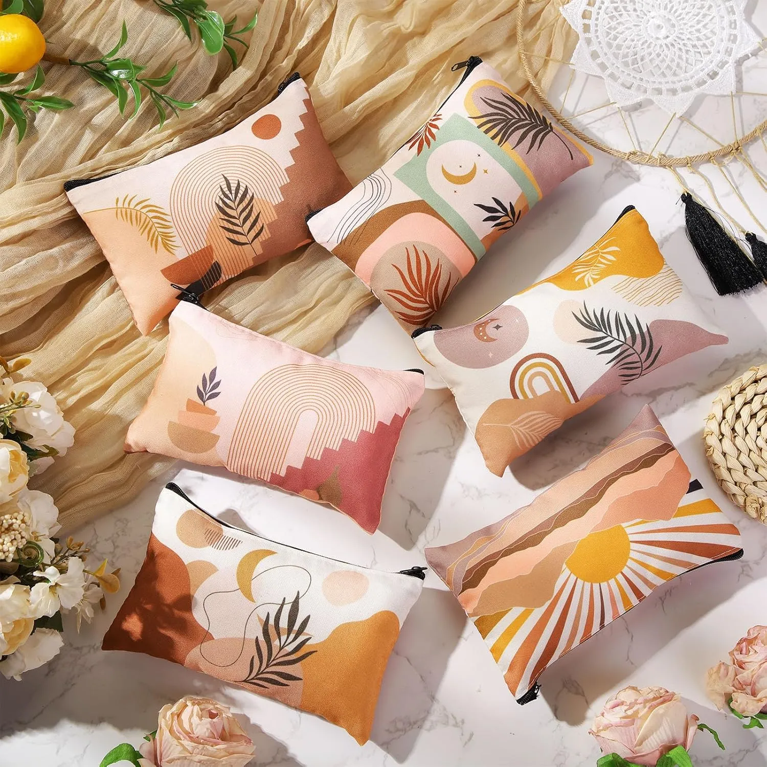 Reginary 20 Pieces Boho Cosmetic Bag for Women, Sunshine Ray Makeup Bags with Zipper Nature Toiletry Bag Pouch Palm Leaf Travel Packing Accessory Organizer Pouch, 7 x 4.3 Inches