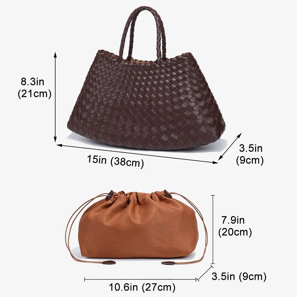 Rejolly Basket Bag for Women Woven Leather Top Handle Tote Handbag Summer Vacation Chic Beach Purse with Drawstring Pouch