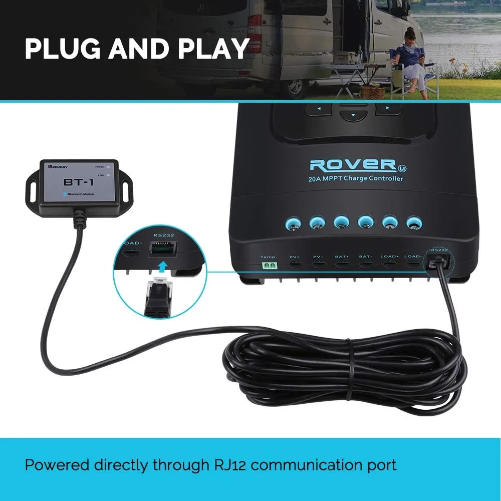 Renogy Bluetooth Module RJ12 Communication Port Compatible Rover/Wanderer/Adventurer Charge Controllers, BT-1 RS232,Black