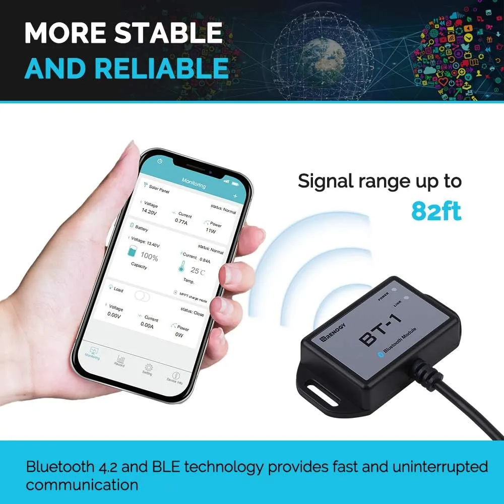 Renogy Bluetooth Module RJ12 Communication Port Compatible Rover/Wanderer/Adventurer Charge Controllers, BT-1 RS232,Black