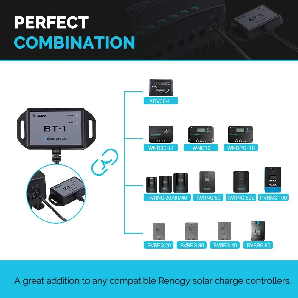 Renogy Bluetooth Module RJ12 Communication Port Compatible Rover/Wanderer/Adventurer Charge Controllers, BT-1 RS232,Black
