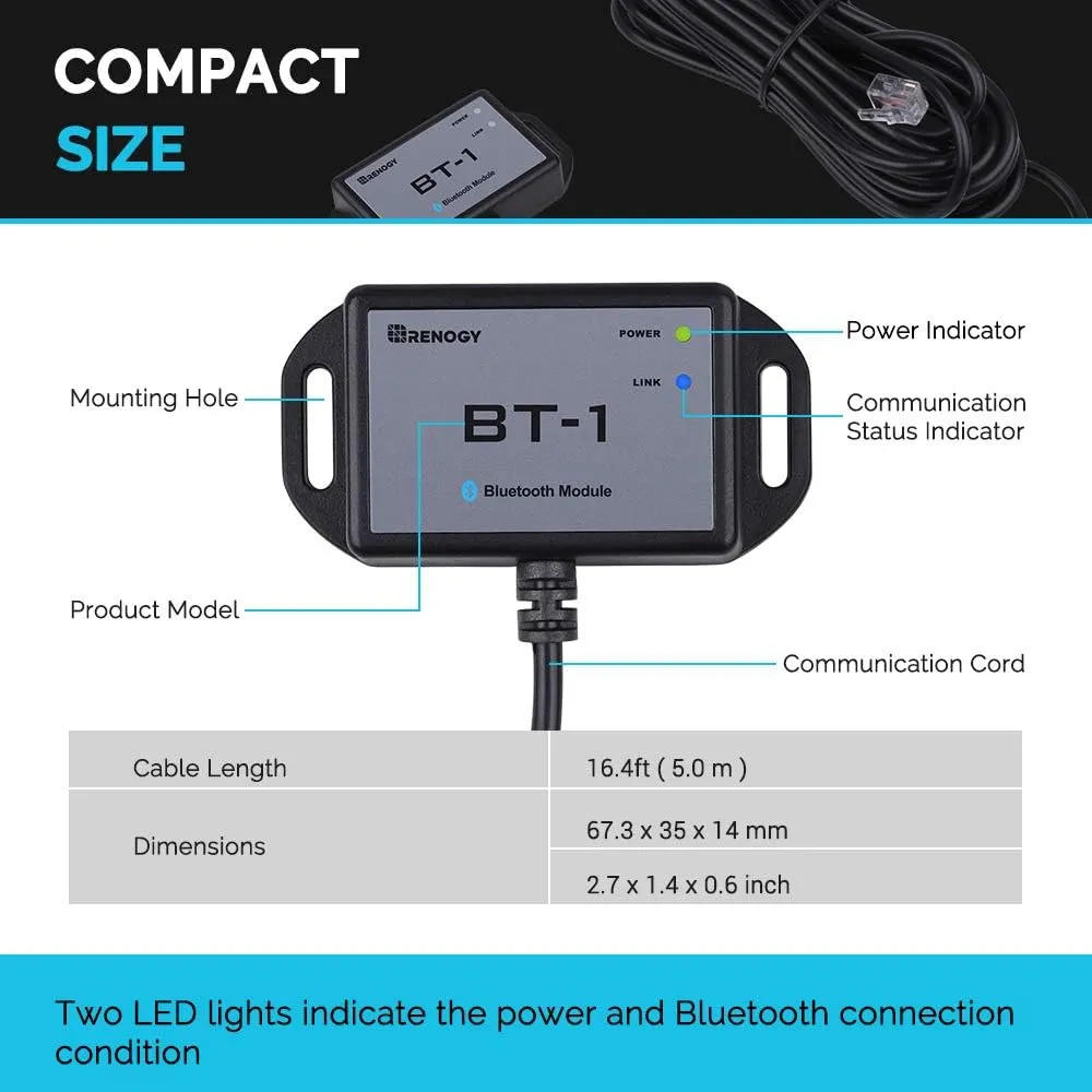 Renogy Bluetooth Module RJ12 Communication Port Compatible Rover/Wanderer/Adventurer Charge Controllers, BT-1 RS232,Black
