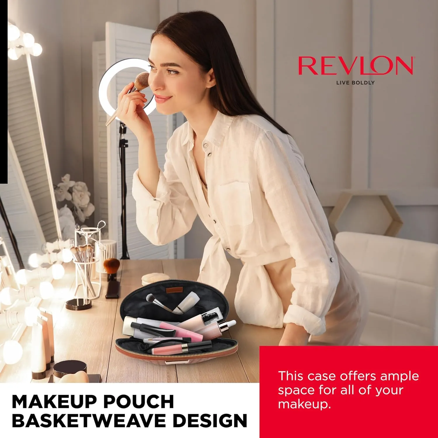 REVLON Basketweave Makeup Pouch - Small Makeup Pouch, Compact Travel Makeup Organizer, Cosmetic Bag, Mini Makeup Case with Pockets, Toiletry Pouch - Gifts for Women, Ladies, or Teen Girls, Cognac