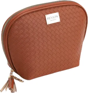 REVLON Basketweave Makeup Pouch - Small Makeup Pouch, Compact Travel Makeup Organizer, Cosmetic Bag, Mini Makeup Case with Pockets, Toiletry Pouch - Gifts for Women, Ladies, or Teen Girls, Cognac