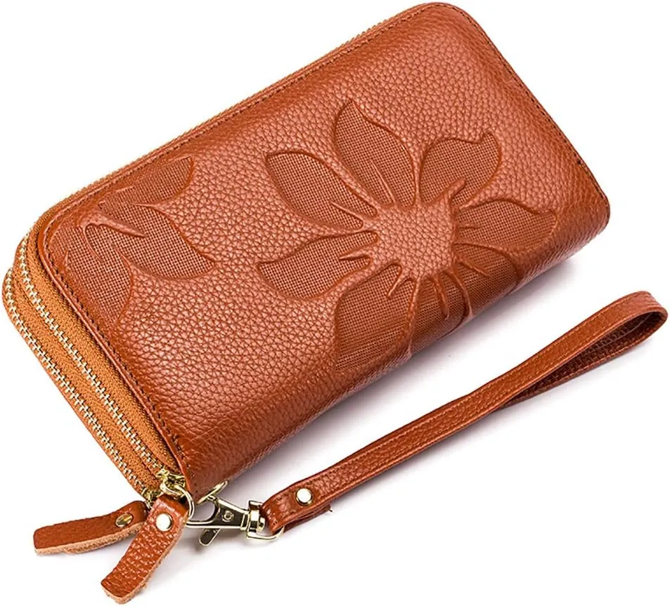 RFID Blocking Women’s Leather Wallet, Double Zipper Smartphone Pocket, Embossed Flower with Credit Card Holder, Cash Slots Large Capacity Clutch Wristlet (Brown)