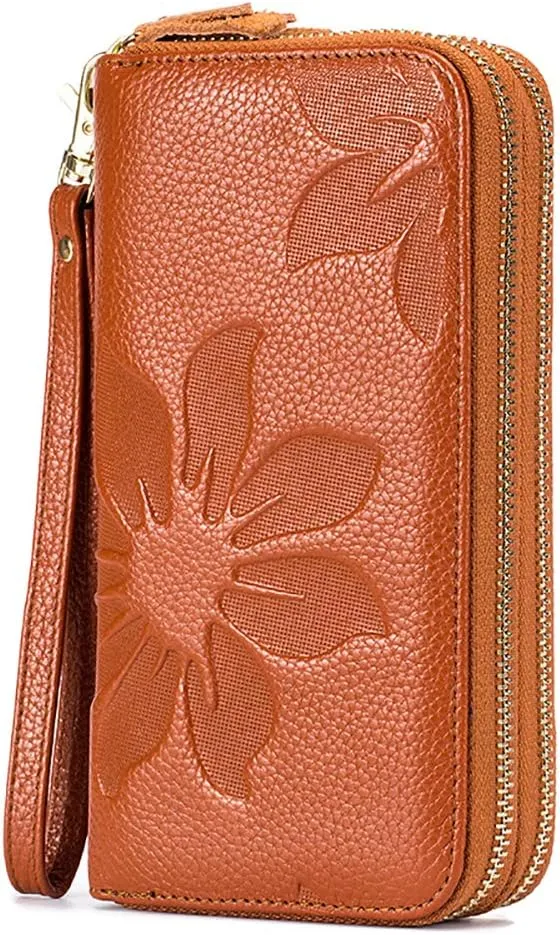 RFID Blocking Women’s Leather Wallet, Double Zipper Smartphone Pocket, Embossed Flower with Credit Card Holder, Cash Slots Large Capacity Clutch Wristlet (Brown)