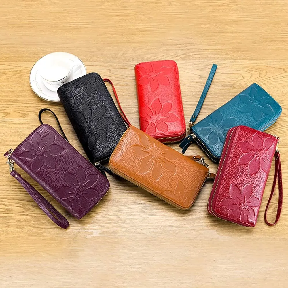 RFID Blocking Women’s Leather Wallet, Double Zipper Smartphone Pocket, Embossed Flower with Credit Card Holder, Cash Slots Large Capacity Clutch Wristlet (Brown)