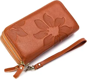 RFID Blocking Women’s Leather Wallet, Double Zipper Smartphone Pocket, Embossed Flower with Credit Card Holder, Cash Slots Large Capacity Clutch Wristlet (Brown)