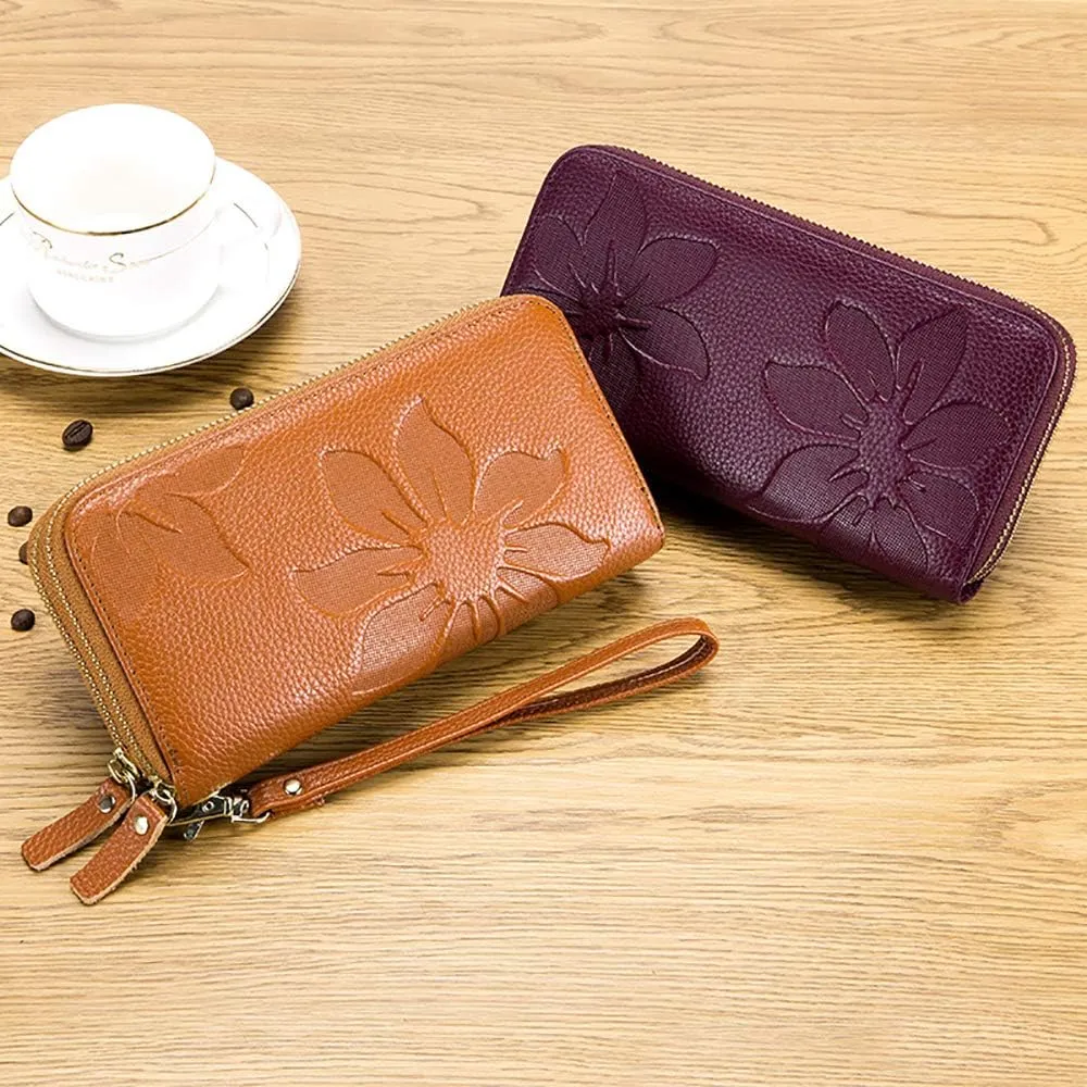 RFID Blocking Women’s Leather Wallet, Double Zipper Smartphone Pocket, Embossed Flower with Credit Card Holder, Cash Slots Large Capacity Clutch Wristlet (Brown)