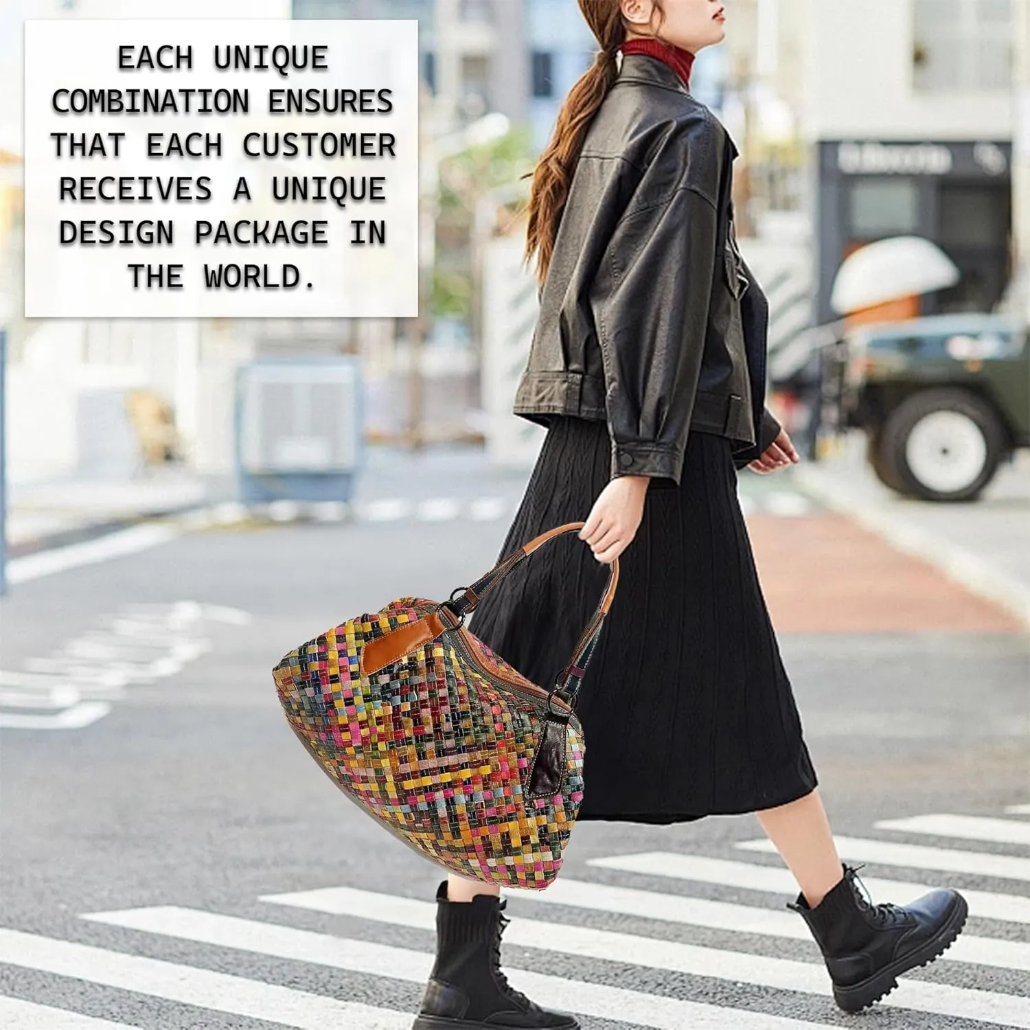 Riutiru Women's Mosaic Style Genuine Leather Handwoven Unique Style Diagonal Shoulder Handbag