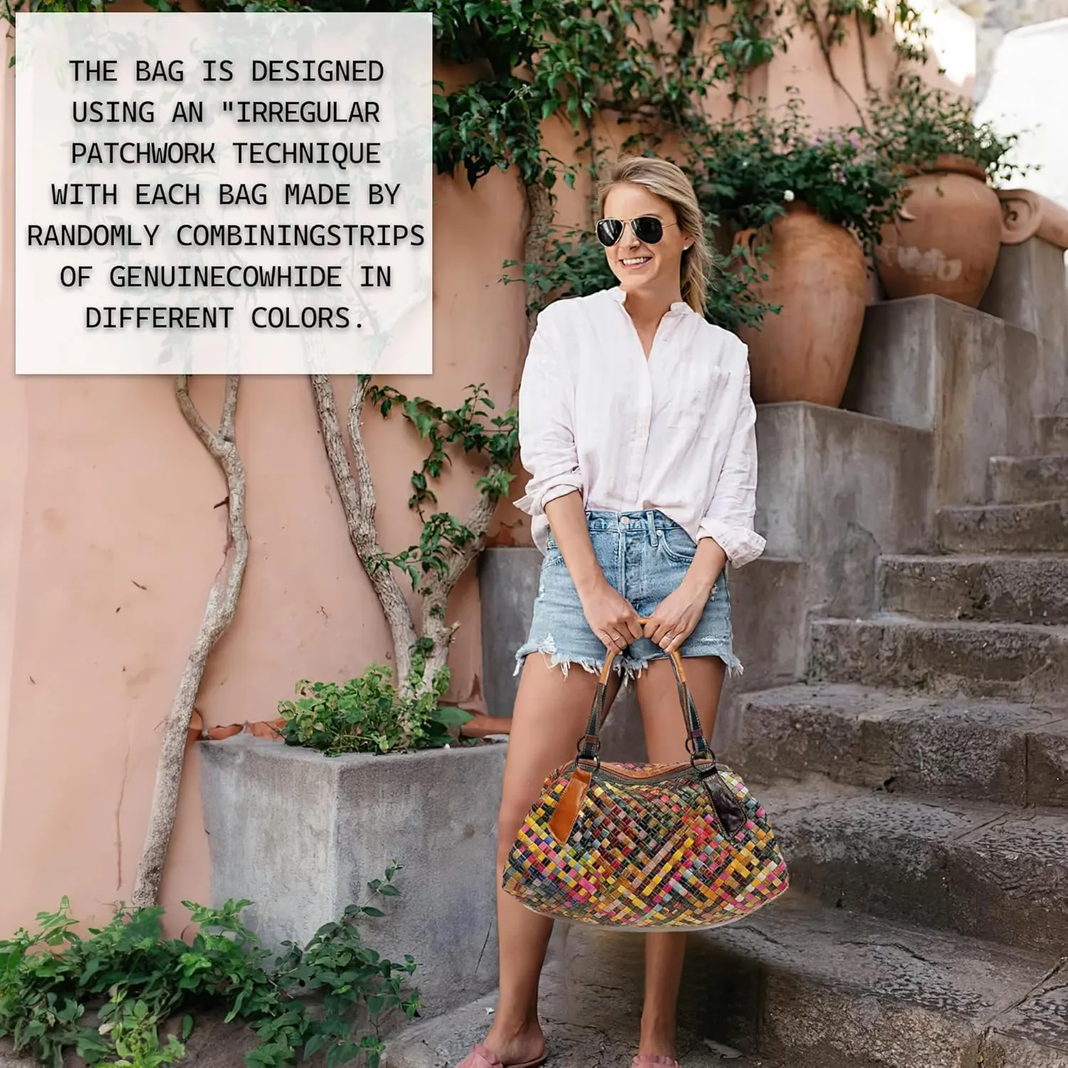 Riutiru Women's Mosaic Style Genuine Leather Handwoven Unique Style Diagonal Shoulder Handbag