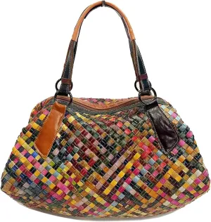 Riutiru Women's Mosaic Style Genuine Leather Handwoven Unique Style Diagonal Shoulder Handbag