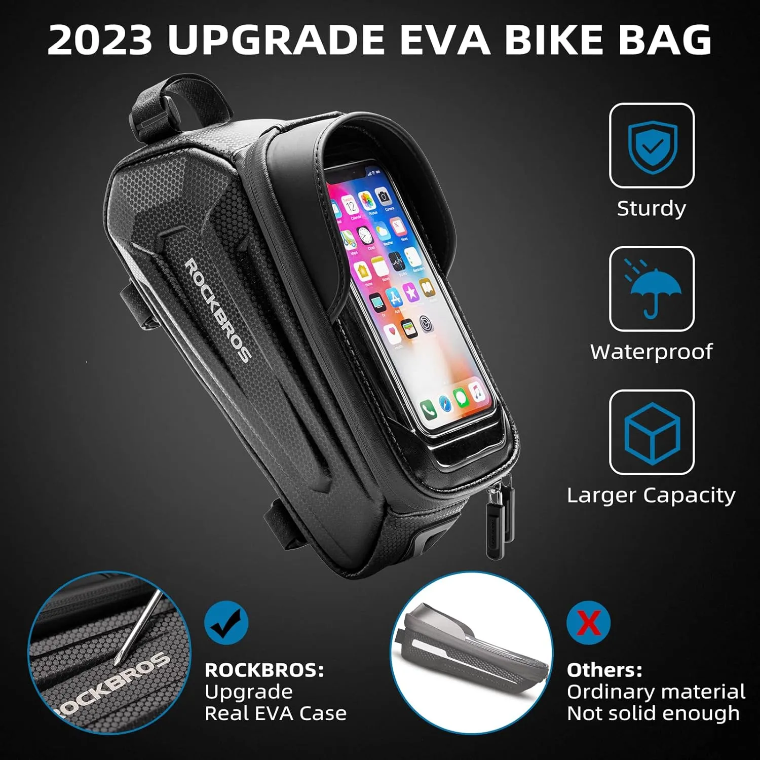 ROCKBROS Bike Bag Phone Mount Bag Bicycle Accessories Pouch, EVA Waterproof Bike Phone Holder Top Tube Front Frame Bag Handlebar Bags Compatible Phones Under 6.8”