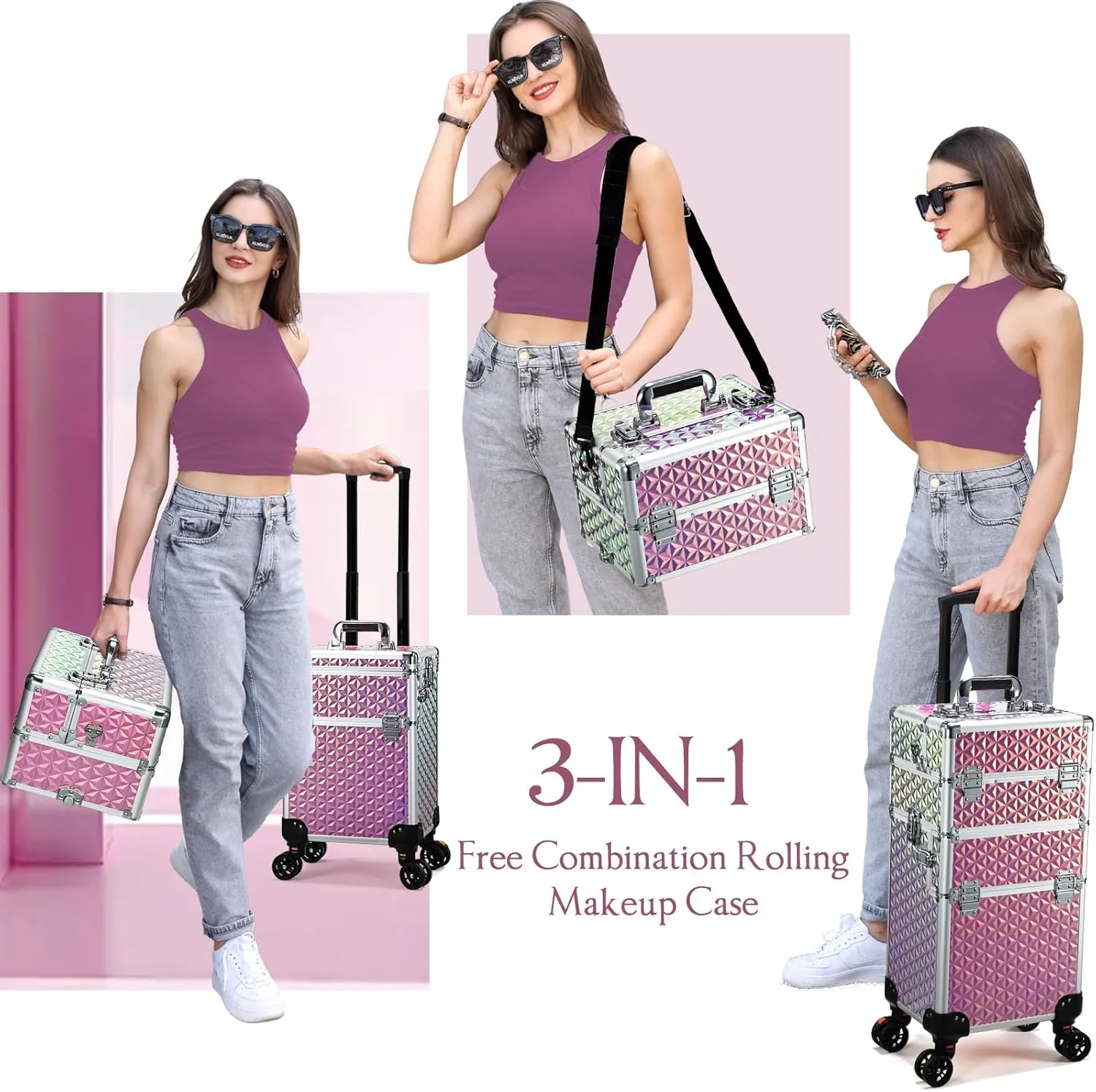 Rolling Makeup Train Case, 3-in-1 Makeup Trolley, Cosmetology Case on Wheels, Travel Makeup Organizer Case for Salon Barber Cosmetology Students, Nail Technicians, Hairstylists, and MUAs, Shiny Pink