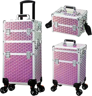 Rolling Makeup Train Case, 3-in-1 Makeup Trolley, Cosmetology Case on Wheels, Travel Makeup Organizer Case for Salon Barber Cosmetology Students, Nail Technicians, Hairstylists, and MUAs, Shiny Pink