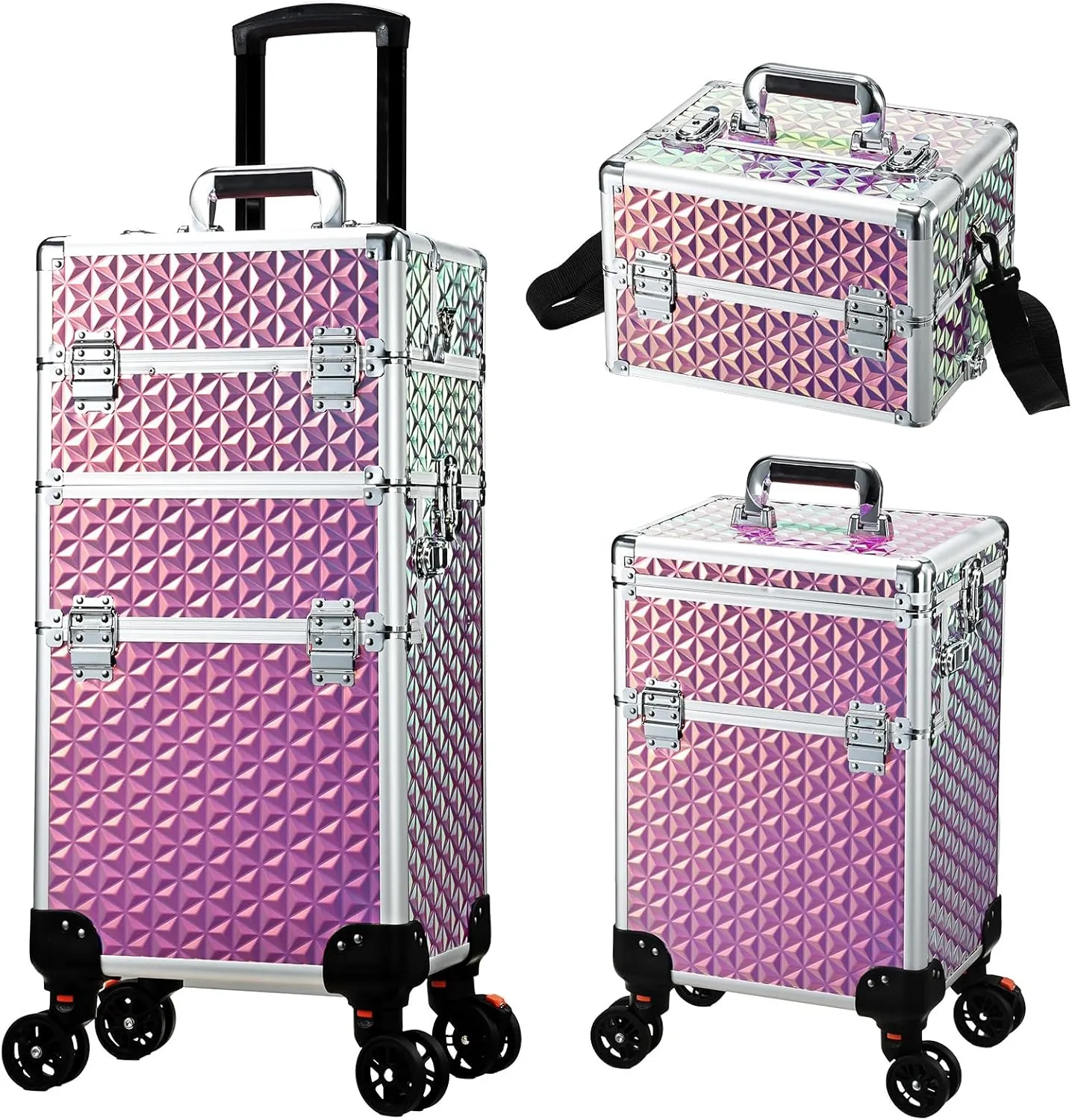 Rolling Makeup Train Case, 3-in-1 Makeup Trolley, Cosmetology Case on Wheels, Travel Makeup Organizer Case for Salon Barber Cosmetology Students, Nail Technicians, Hairstylists, and MUAs, Shiny Pink