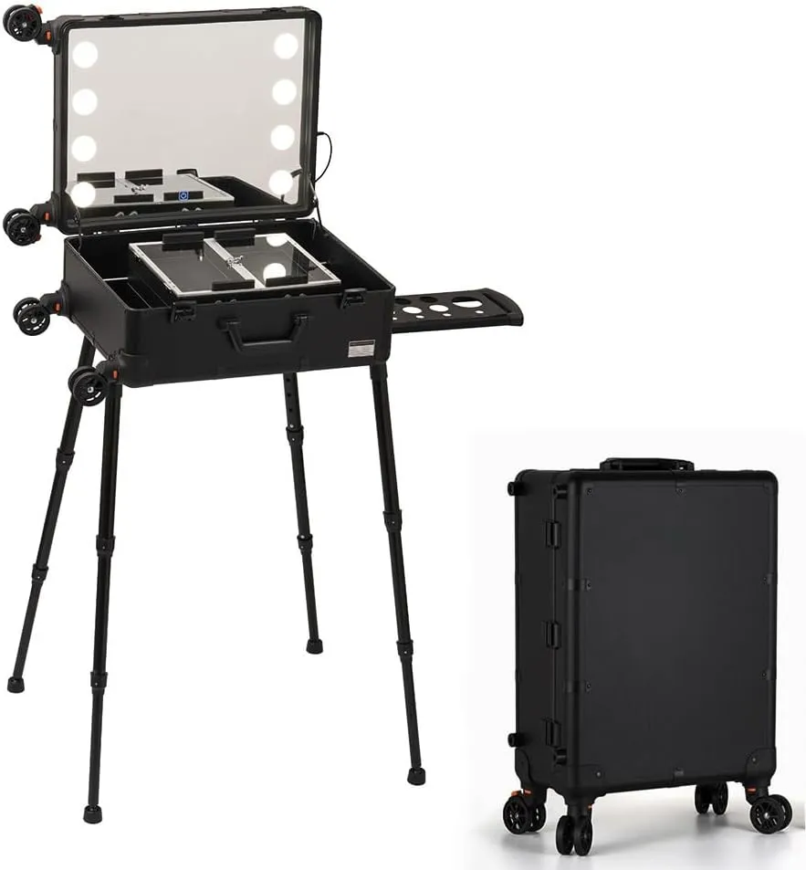 Rolling Makeup Train Case, Large Makeup Travel Case w/4-Gear Height Adjustable, Multifunction Lighted Cosmetics Rolling Case w/Mirror for Hairdressers (22in)