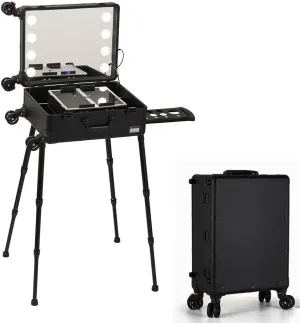 Rolling Makeup Train Case, Large Makeup Travel Case w/4-Gear Height Adjustable, Multifunction Lighted Cosmetics Rolling Case w/Mirror for Hairdressers (22in)