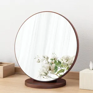 Round Makeup Mirror Single Sided Vanity Mirror with Stand, Standing Wood Framed Mirror Desktop Mirror 90° Rotation Mirror for Makeup Cosmetic, Walnut