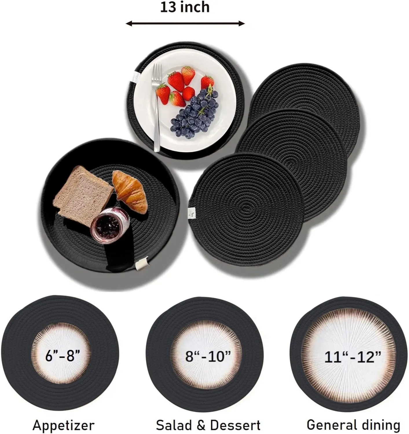 Round Placemats Set of 4, Woven Cotton Rope Chargers for Dinner Plates, Non-Slip, Heat Resistant Table Decor, Boho Farmhouse Kitchen Decor (Black, 13 inch)