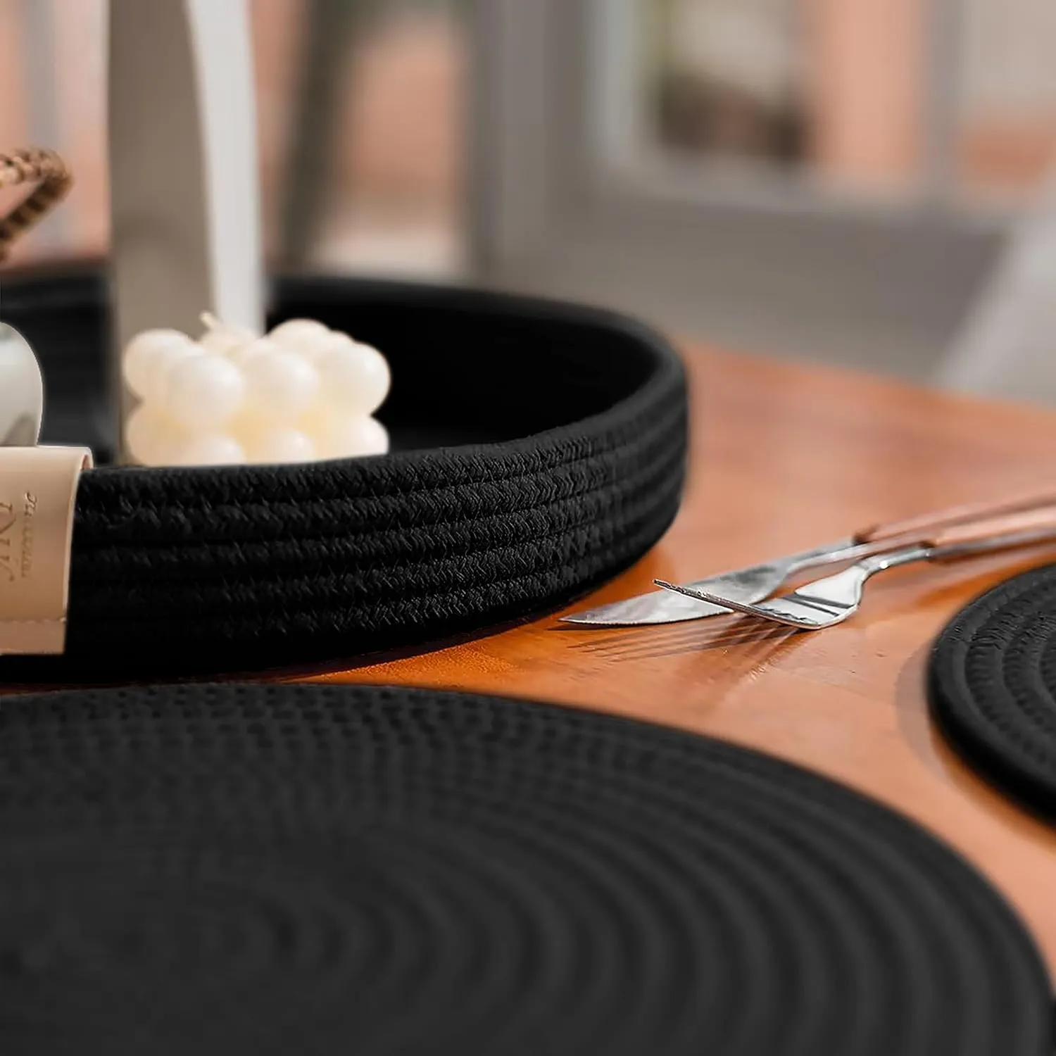 Round Placemats Set of 4, Woven Cotton Rope Chargers for Dinner Plates, Non-Slip, Heat Resistant Table Decor, Boho Farmhouse Kitchen Decor (Black, 13 inch)