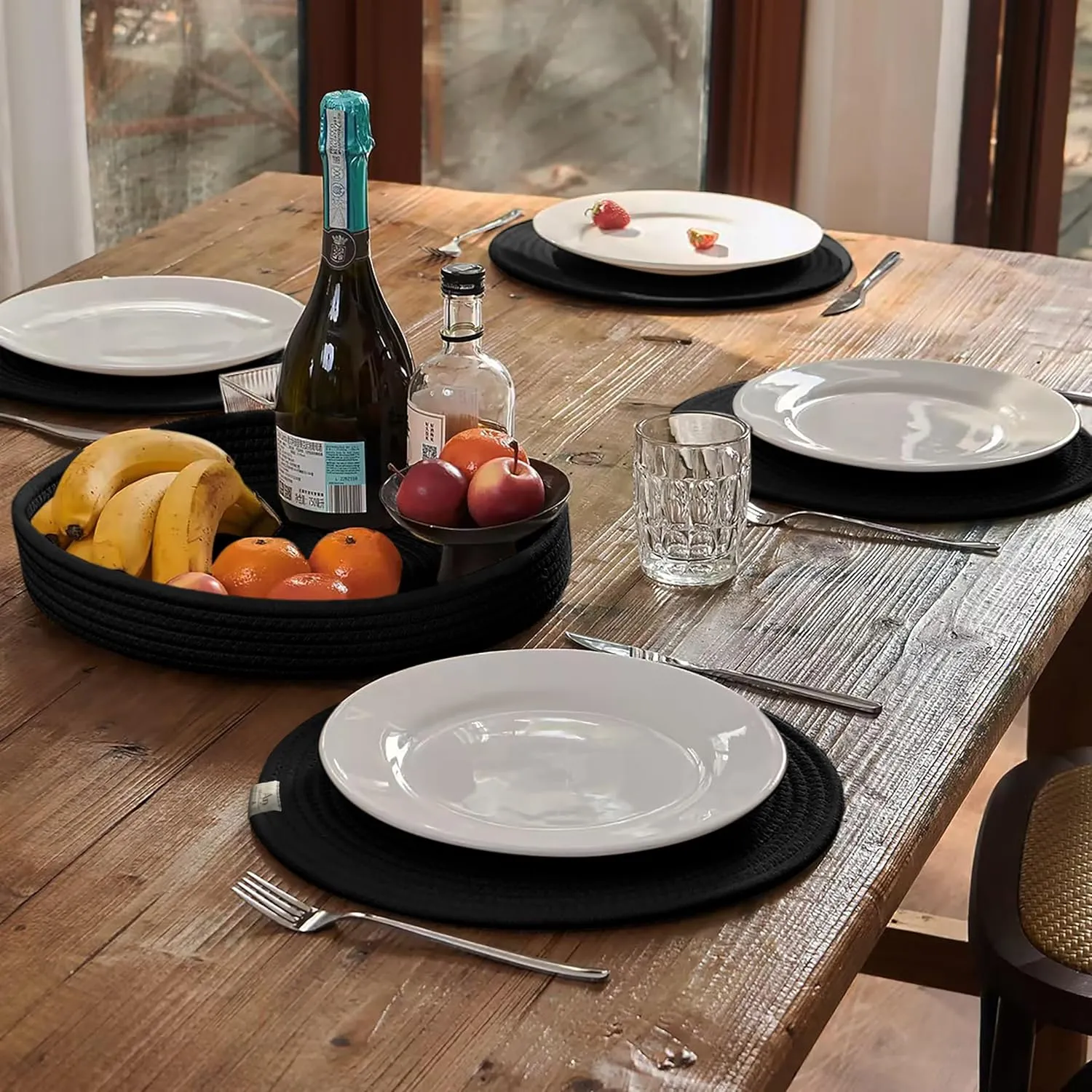 Round Placemats Set of 4, Woven Cotton Rope Chargers for Dinner Plates, Non-Slip, Heat Resistant Table Decor, Boho Farmhouse Kitchen Decor (Black, 13 inch)
