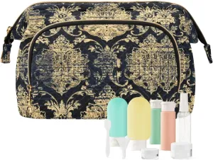 Royal Gold Damask Traditional Decor Oriental Golden Elegant Elements Women Cosmetic Bag Makeup Bag Stylish Trip Beauty Bag Travel Toiletry Bag with Bottle Organizer 10.2 x 5.9 x 6.7 inch