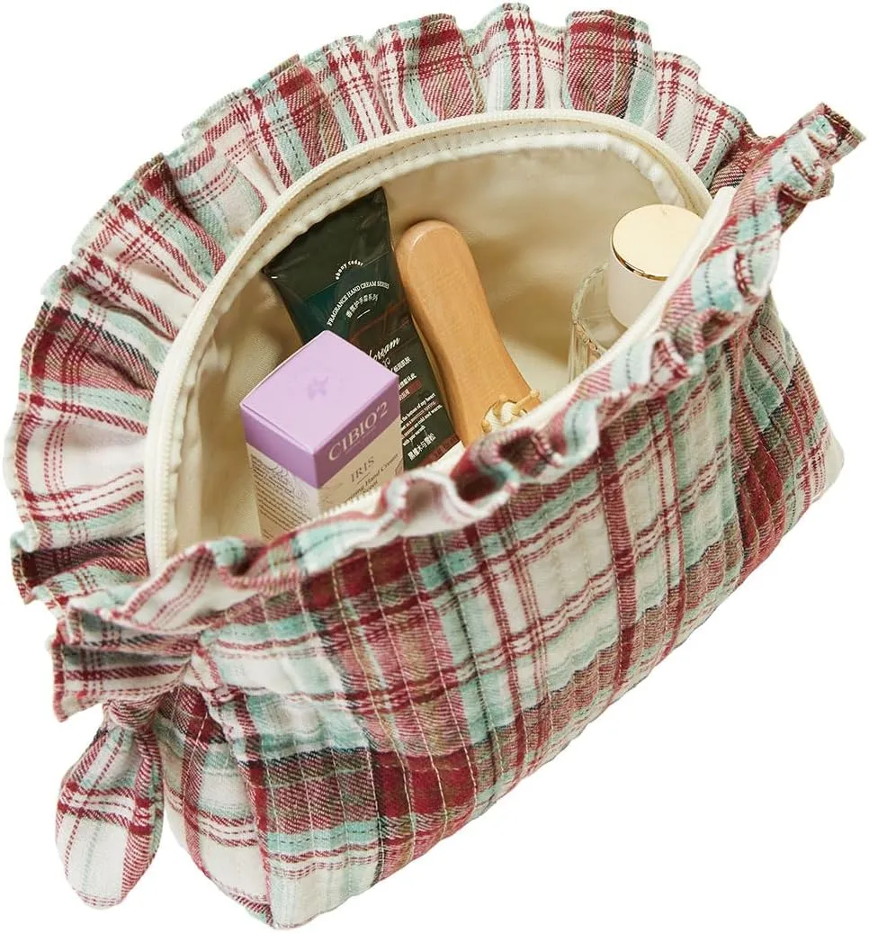 Ruffle Makeup Bag for Women Travel Toiletry Bags Scottish Buffalo Plaid Cosmetic Bag Storage Pouch Quilted Organizer Bag