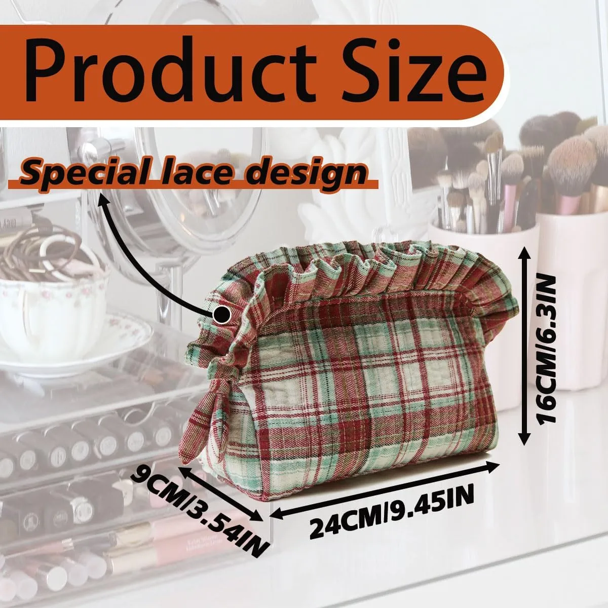 Ruffle Makeup Bag for Women Travel Toiletry Bags Scottish Buffalo Plaid Cosmetic Bag Storage Pouch Quilted Organizer Bag