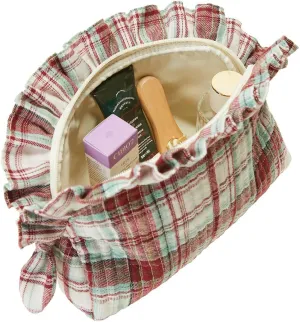 Ruffle Makeup Bag for Women Travel Toiletry Bags Scottish Buffalo Plaid Cosmetic Bag Storage Pouch Quilted Organizer Bag