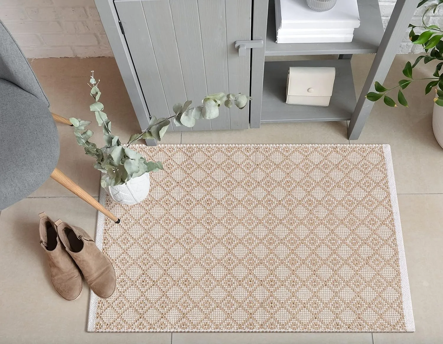 Rug Area Rugs 2x3 Ft Biege Cotton Diamond for Livingroom Bedroom Washable RagRug Non-Slip Farmhouse Carpet Indoor Area Runner Mat for Hallway, Entryway-24x36 Inches