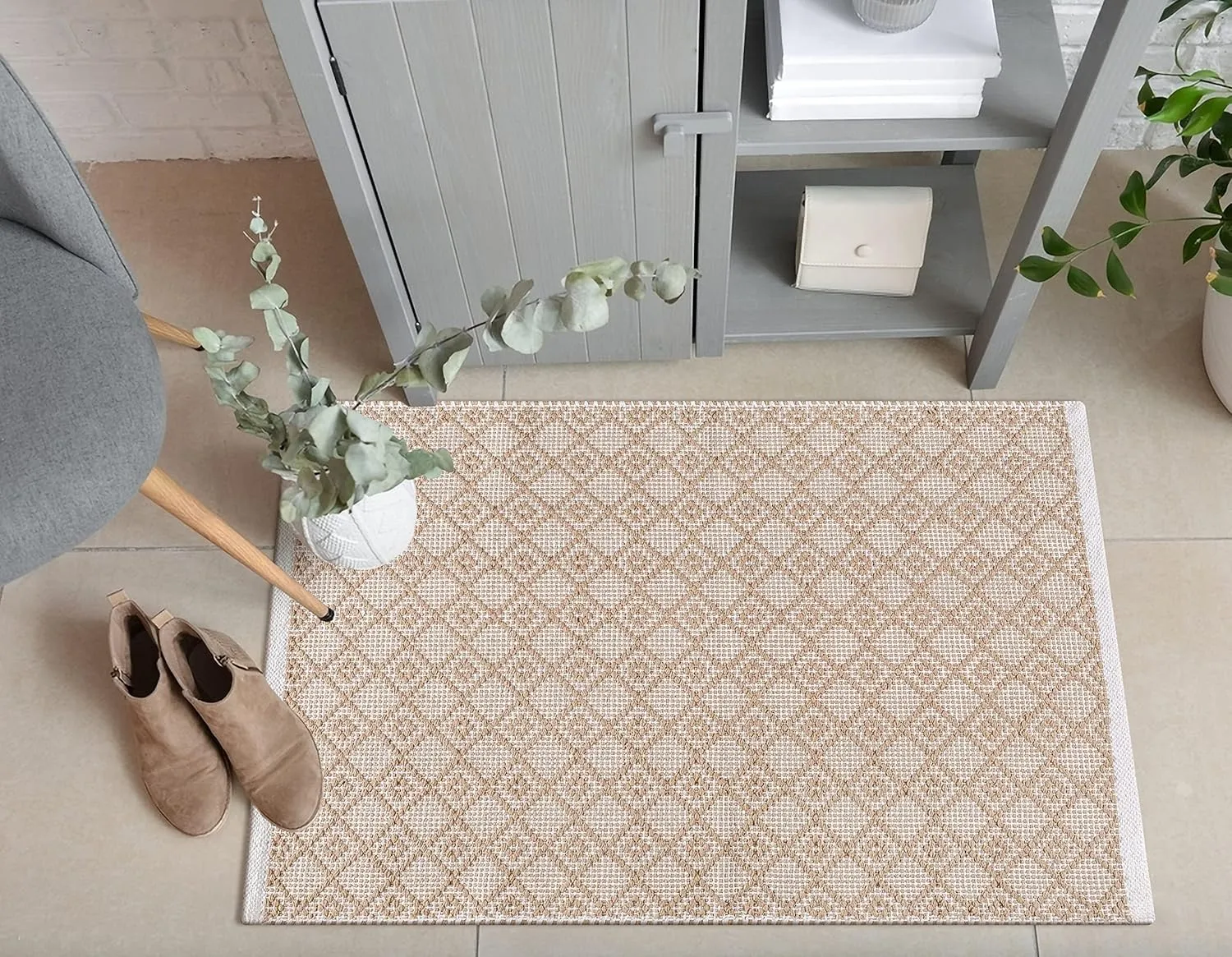 Rug Area Rugs 2x3 Ft Biege Cotton Diamond for Livingroom Bedroom Washable RagRug Non-Slip Farmhouse Carpet Indoor Area Runner Mat for Hallway, Entryway-24x36 Inches