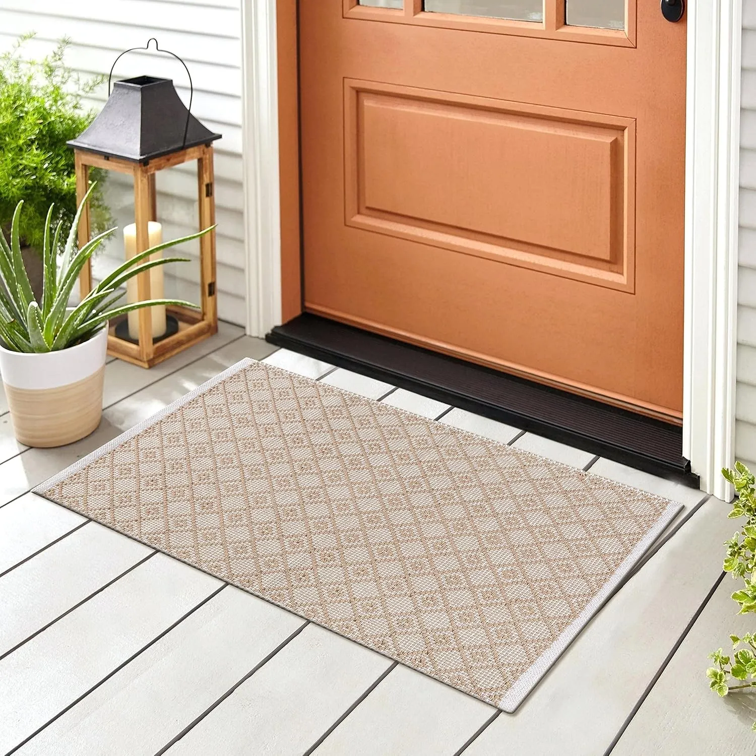 Rug Area Rugs 2x3 Ft Biege Cotton Diamond for Livingroom Bedroom Washable RagRug Non-Slip Farmhouse Carpet Indoor Area Runner Mat for Hallway, Entryway-24x36 Inches
