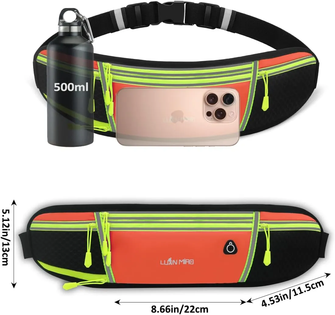 Running Belt for Women & Men Water Resistant Fitness Waist Pack with Phone Pocket & Water Bottle Holder Adjustable Reflective Jogging Belt for Running, Hiking, Gym (Orange)