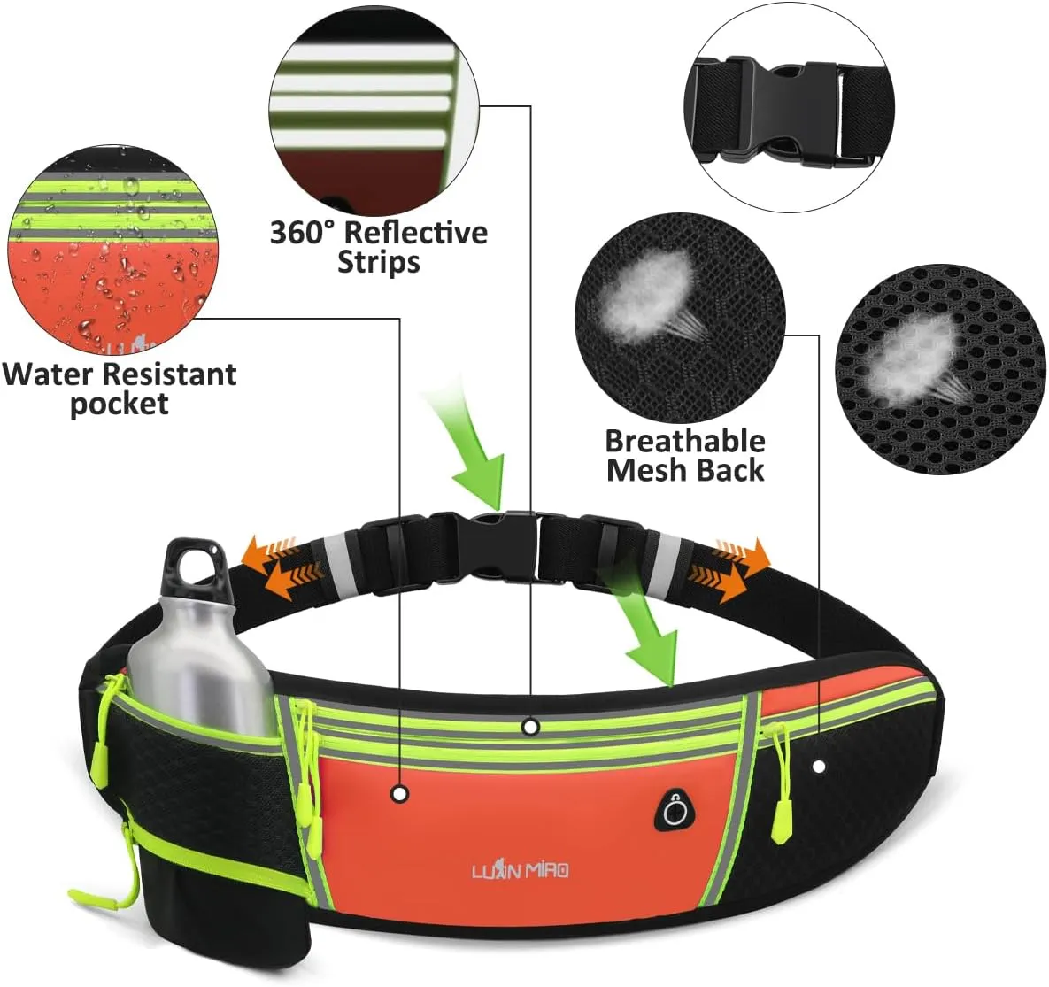 Running Belt for Women & Men Water Resistant Fitness Waist Pack with Phone Pocket & Water Bottle Holder Adjustable Reflective Jogging Belt for Running, Hiking, Gym (Orange)