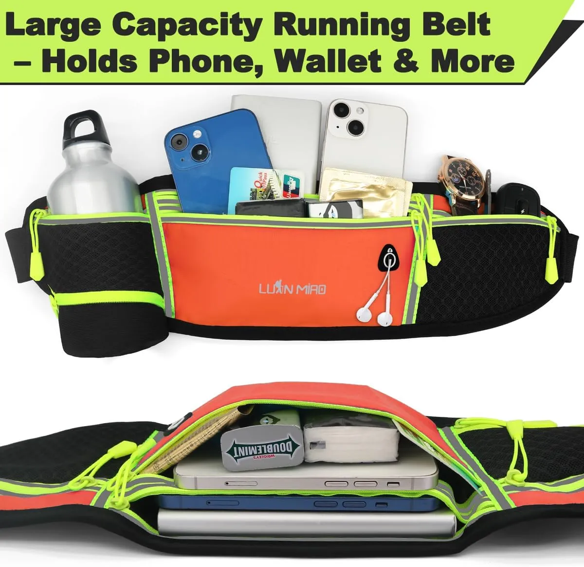 Running Belt for Women & Men Water Resistant Fitness Waist Pack with Phone Pocket & Water Bottle Holder Adjustable Reflective Jogging Belt for Running, Hiking, Gym (Orange)