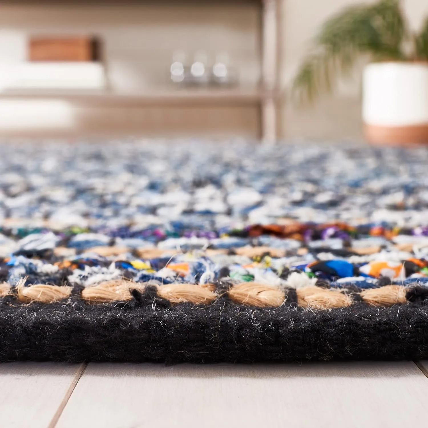 SAFAVIEH Cape Cod Collection Area Rug - 8' x 10', Natural & Blue, Handmade Boho Jute & Cotton, Ideal for High Traffic Areas in Living Room, Bedroom (CAP366A)