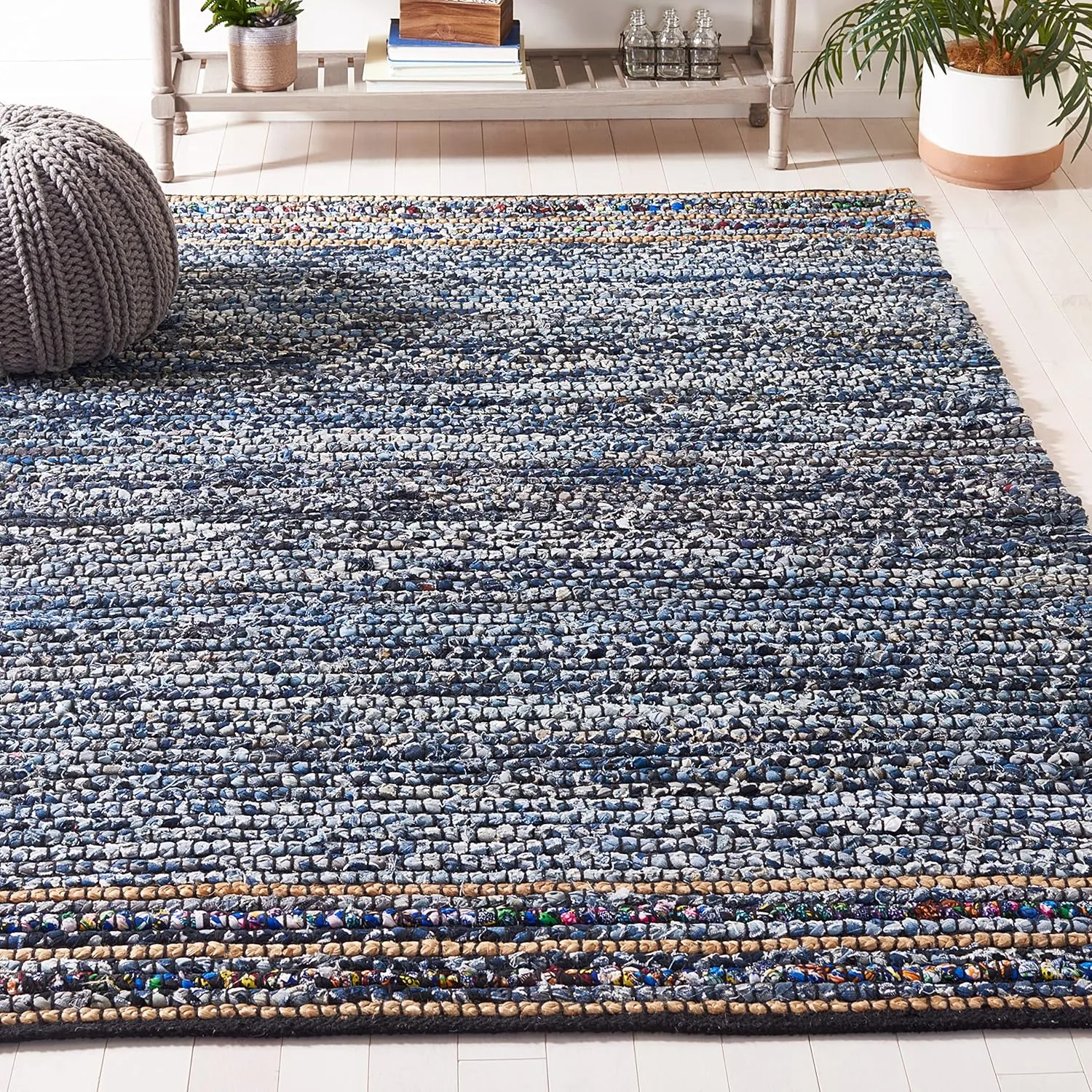 SAFAVIEH Cape Cod Collection Area Rug - 8' x 10', Natural & Blue, Handmade Boho Jute & Cotton, Ideal for High Traffic Areas in Living Room, Bedroom (CAP366A)