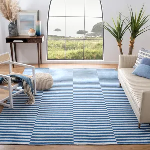 SAFAVIEH Montauk Collection Area Rug - 9' x 12', Ivory & Blue, Handmade Stripe Cotton, Ideal for High Traffic Areas in Living Room, Bedroom (MTK715C)