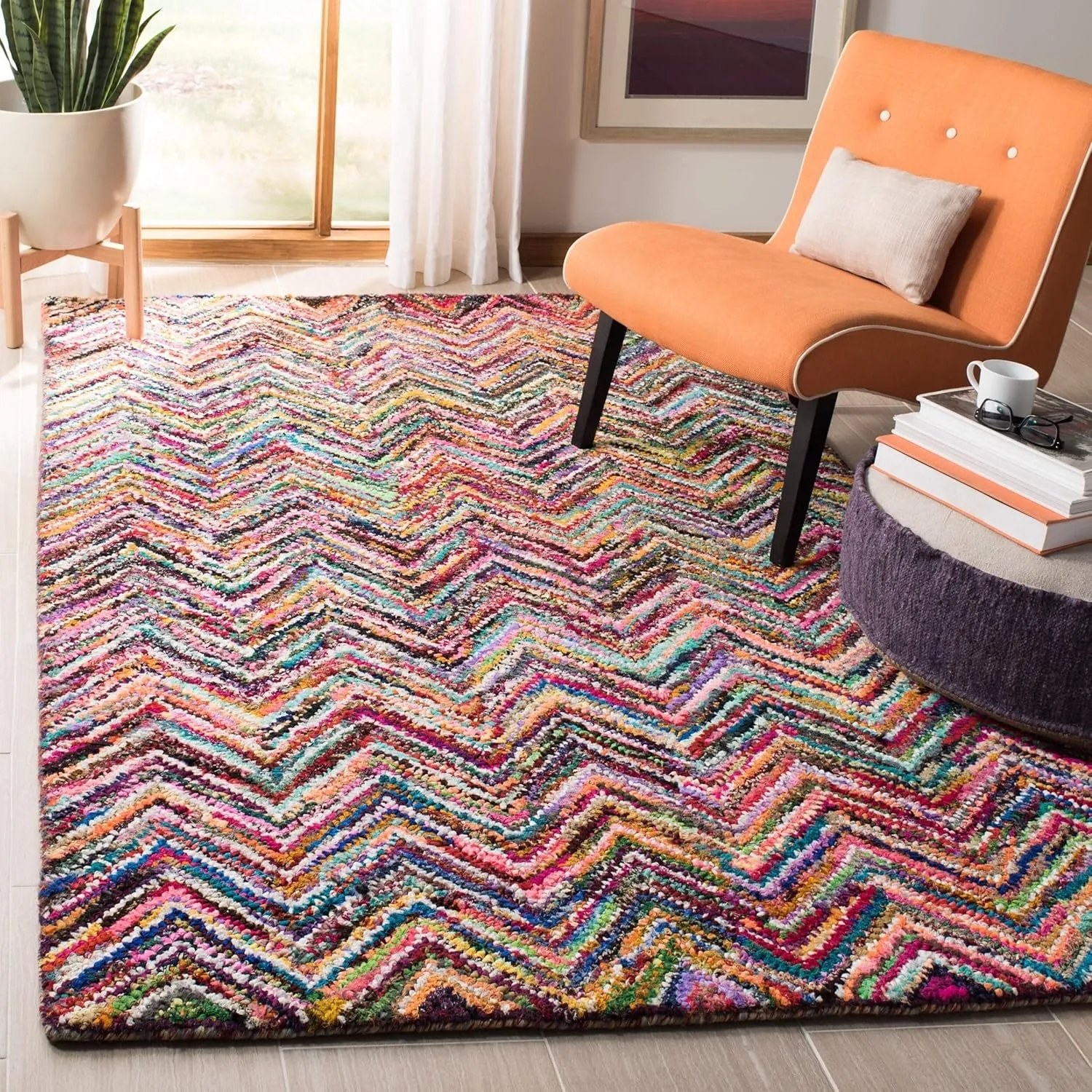 SAFAVIEH Nantucket Collection 8' Square Multi NAN311A Handmade Boho Chevron Cotton Area Rug