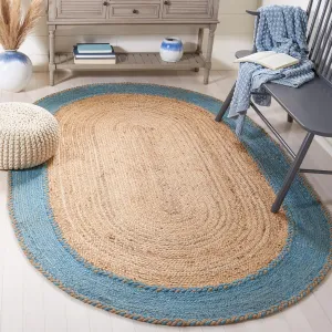 SAFAVIEH Natural Fiber Collection Area Rug - 5' x 8' Oval, Natural & Blue, Handmade Jute, Ideal for High Traffic Areas in Living Room, Bedroom (NFB261M)