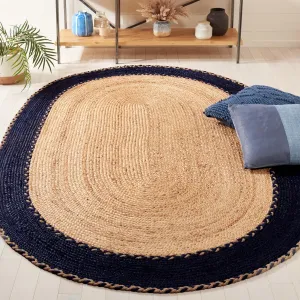 SAFAVIEH Natural Fiber Collection Area Rug - 5' x 8' Oval, Natural & Navy, Handmade Jute, Ideal for High Traffic Areas in Living Room, Bedroom (NFB261N)
