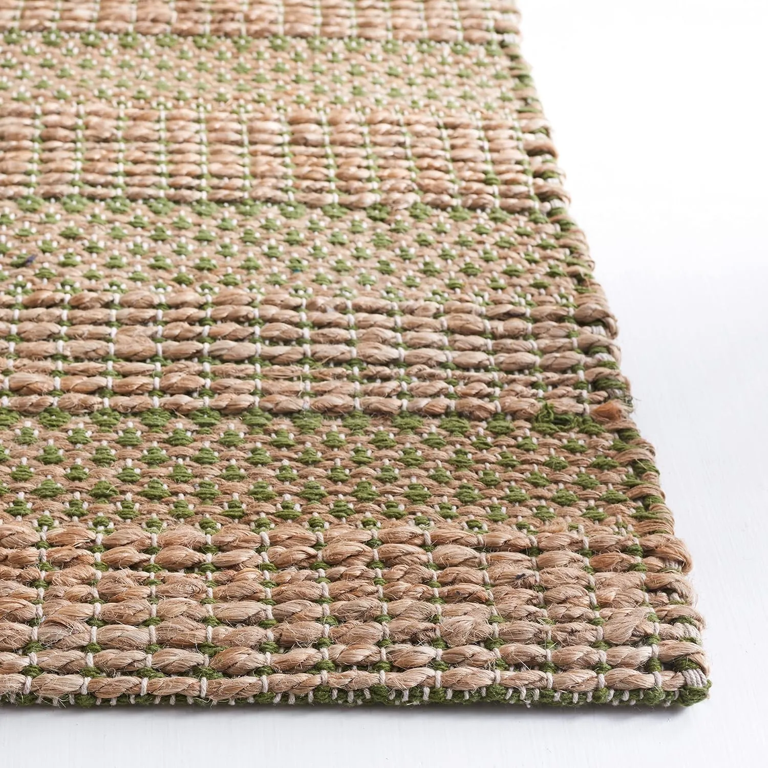 SAFAVIEH Natural Fiber Collection Area Rug - 8' x 10', Green & Natural, Handmade Boho Farmhouse Rustic Jute & Cotton Jute, Ideal for High Traffic Areas in Living Room, Bedroom (NFB654Y)