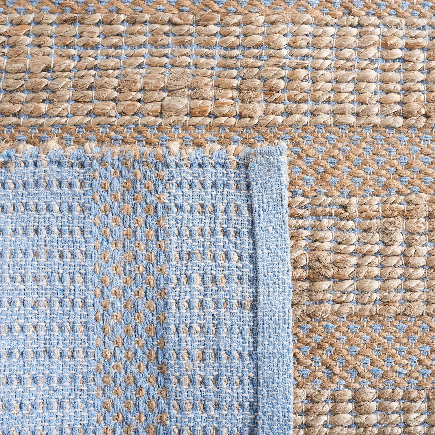 SAFAVIEH Natural Fiber Collection Area Rug - 8' x 10', Light Blue & Natural, Handmade Boho Farmhouse Rustic Jute & Cotton Jute, Ideal for High Traffic Areas in Living Room, Bedroom (NFB654M)