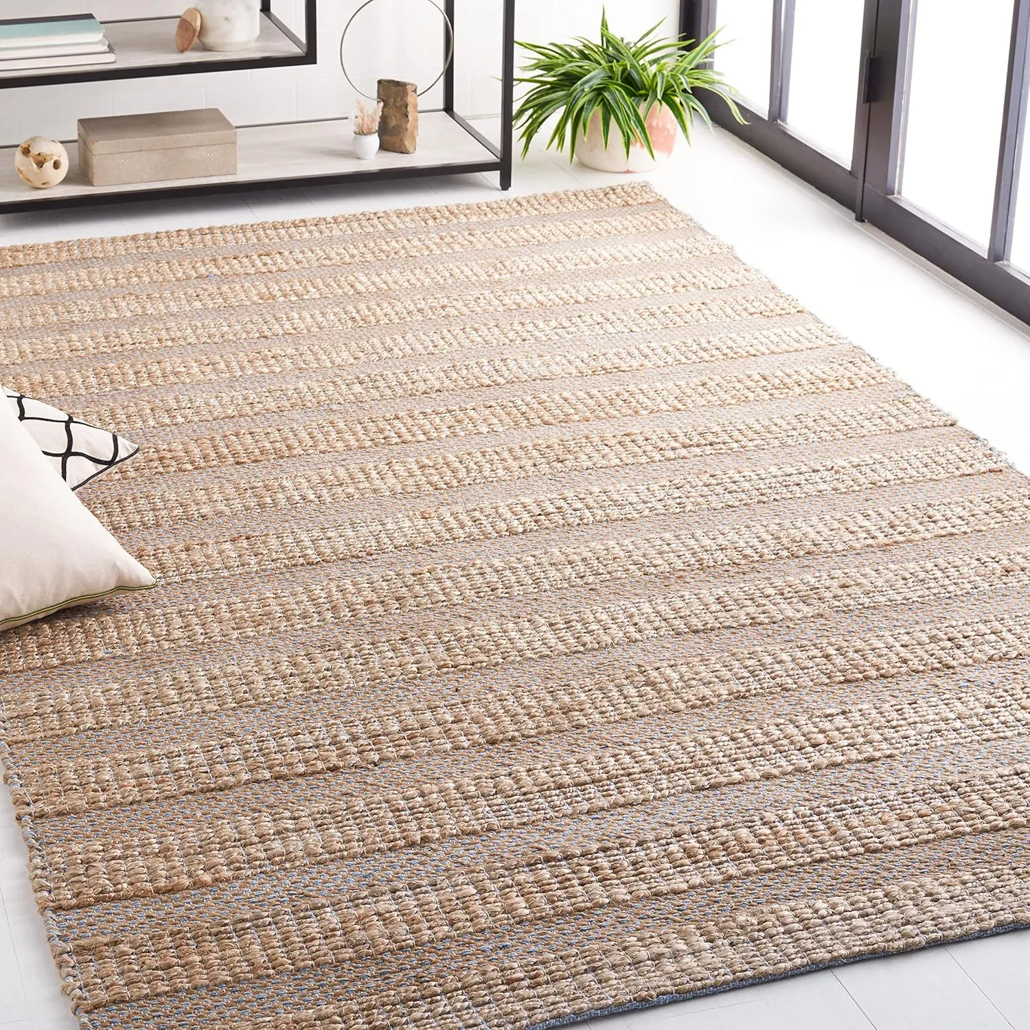 SAFAVIEH Natural Fiber Collection Area Rug - 8' x 10', Light Blue & Natural, Handmade Boho Farmhouse Rustic Jute & Cotton Jute, Ideal for High Traffic Areas in Living Room, Bedroom (NFB654M)