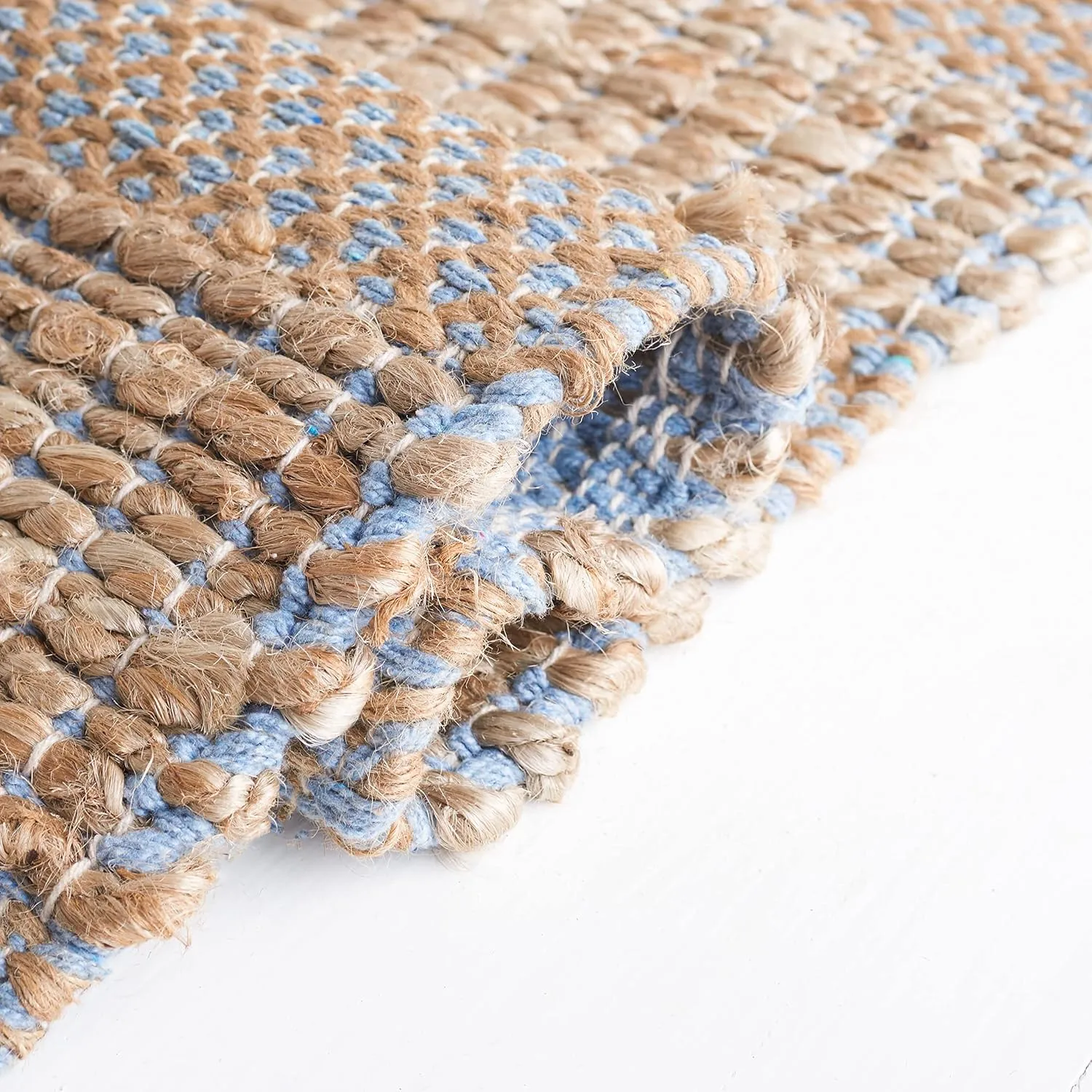 SAFAVIEH Natural Fiber Collection Area Rug - 8' x 10', Light Blue & Natural, Handmade Boho Farmhouse Rustic Jute & Cotton Jute, Ideal for High Traffic Areas in Living Room, Bedroom (NFB654M)