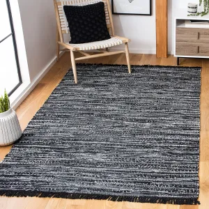 SAFAVIEH Rag Rug Collection Area Rug - 5' x 8', Black, Handmade Boho Stripe Cotton, Ideal for High Traffic Areas in Living Room, Bedroom (RAR121Z)