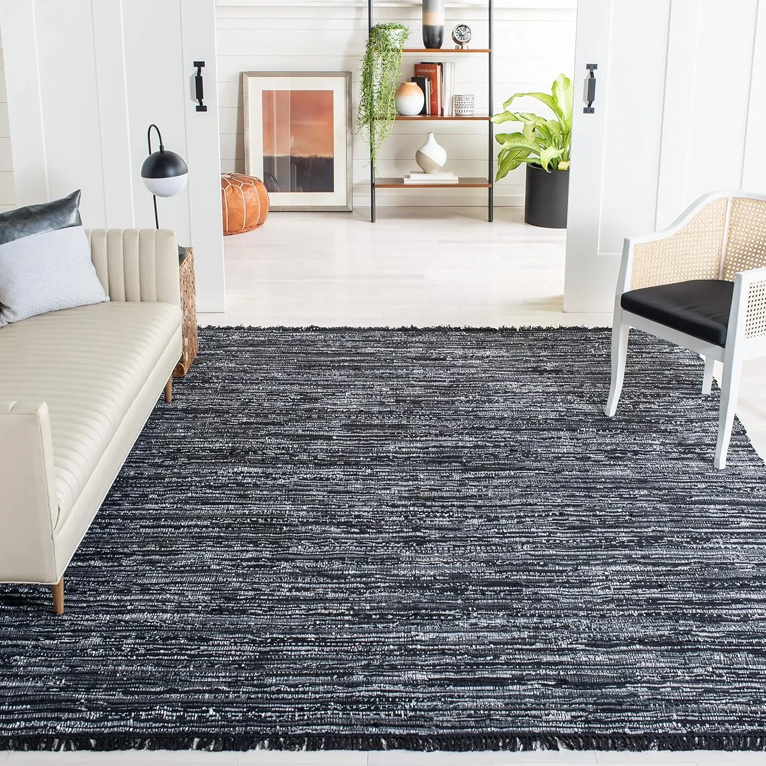 SAFAVIEH Rag Rug Collection Area Rug - 8' x 10', Black, Handmade Boho Stripe Cotton, Ideal for High Traffic Areas in Living Room, Bedroom (RAR121Z)